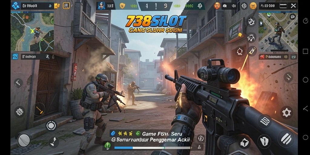 Tangkapan layar 738SLOT menunjukkan aksi mendebarkan dalam gameplay FPS.