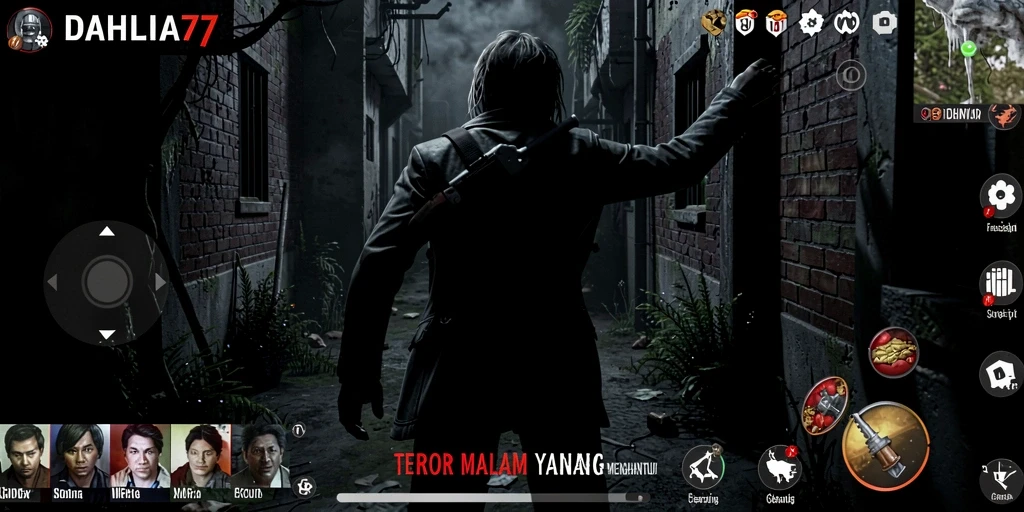 Tampilan gameplay menakutkan dari DAHLIA77 dengan nuansa gelap.