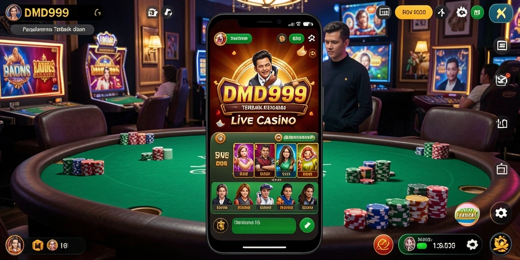 Screenshot DMD999 menampilkan dealer profesional dan suasana permainan Live Casino yang menarik.