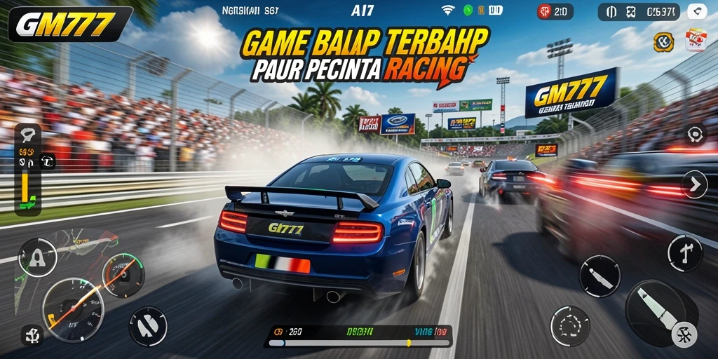 Tangkapan layar gameplay GM777 menampilkan aksi balapan mendebarkan dengan mobil yang melaju kencang.