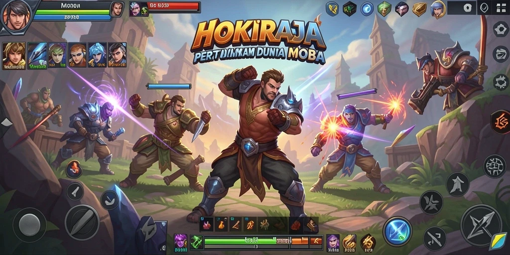 Tangkapan layar menampilkan aksi seru dalam pertarungan MOBA di HOKIRAJA.