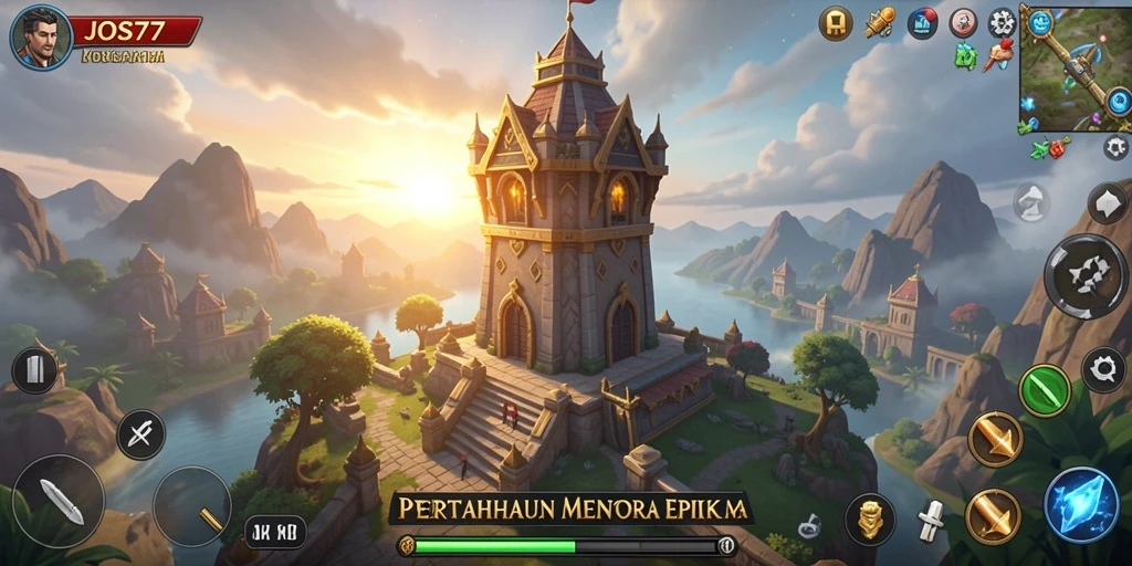 Screenshot gameplay JOS77 menampilkan menara dan musuh yang berwarna-warni.