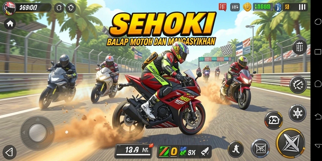 Tampilan gameplay SEHOKI yang dinamis di trek balap.