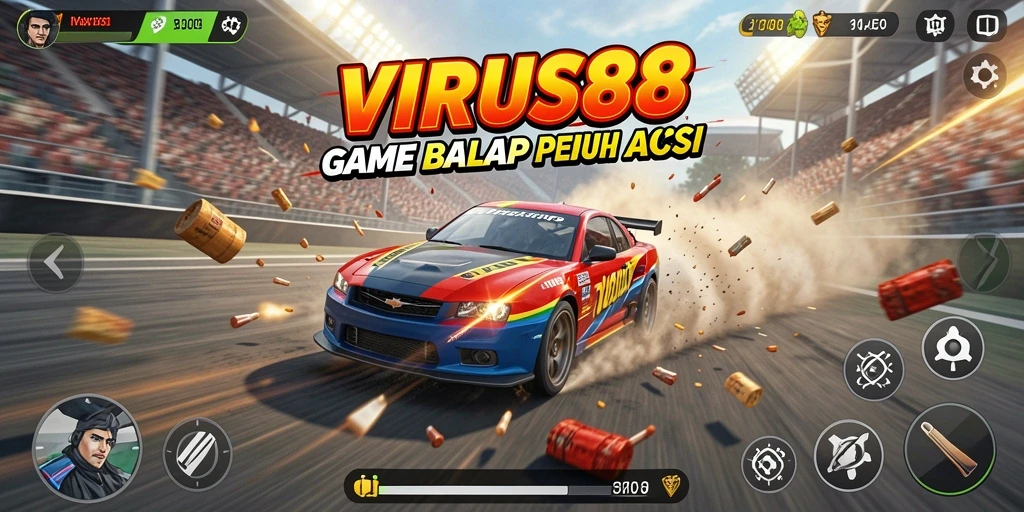 Tangkapan layar gameplay <strong>VIRUS88</strong> menampilkan balapan mendebarkan dengan mobil cepat.
